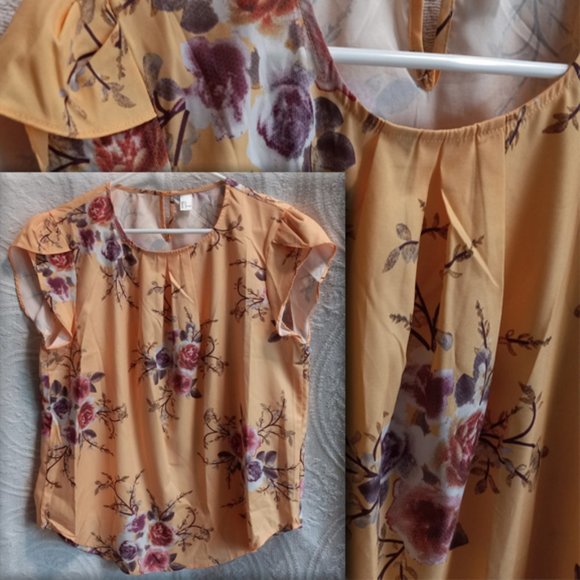 Yellow Floral Cap Sleeve Pullover Satin Blouse Pleated Neckline Size XL (T-206) - Picture 1 of 12